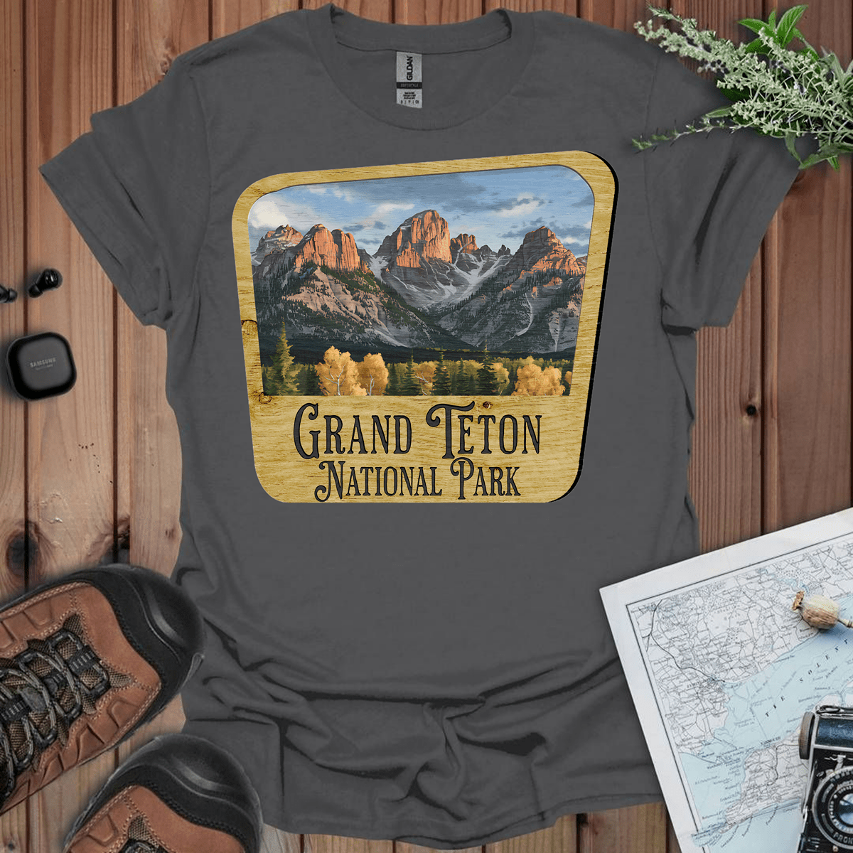 Grand Teton National Park wood sign graphic t-shirt shown in alternate apparel color