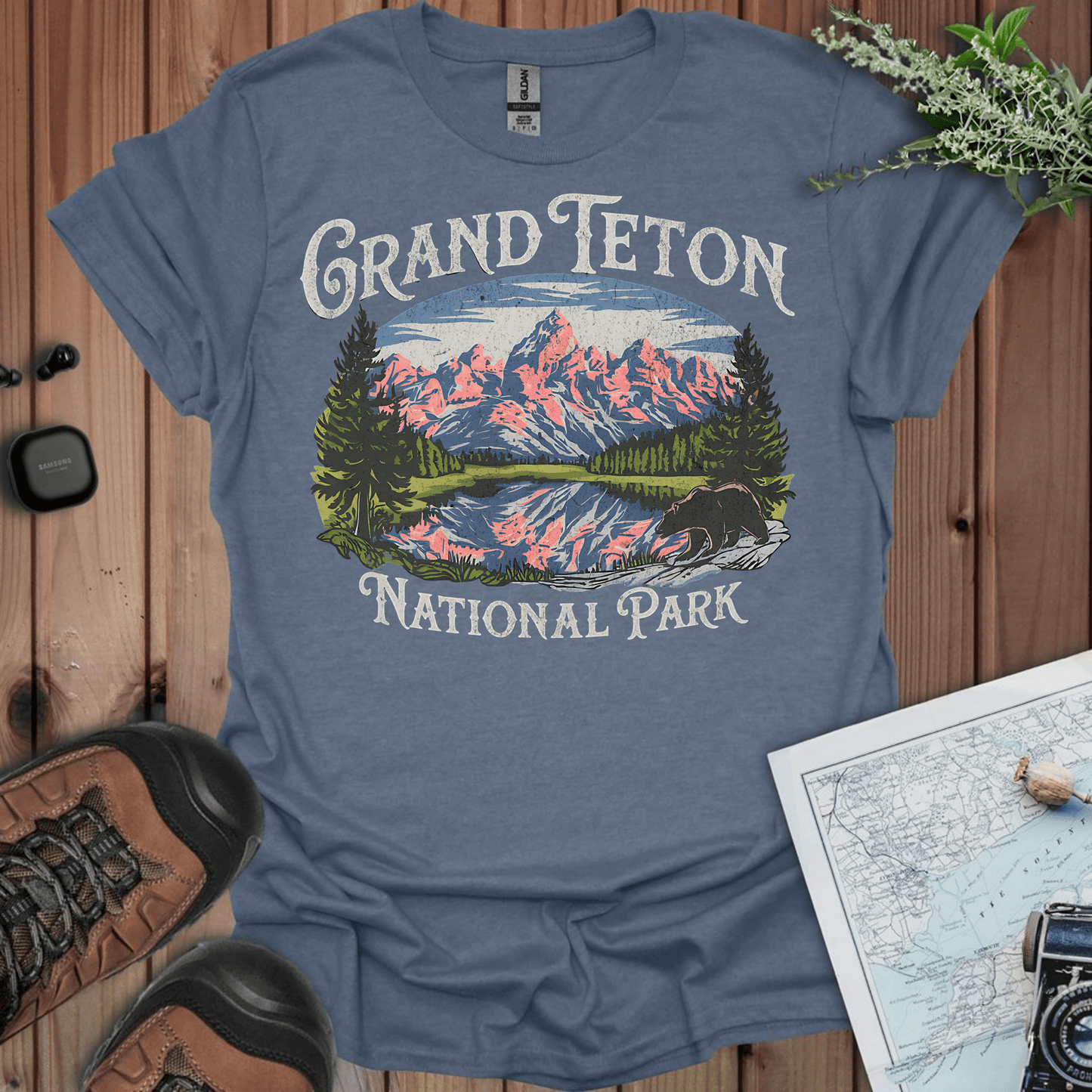 Grand Teton National Park vintage graphic t-shirt shown in lifestyle or modeled setting