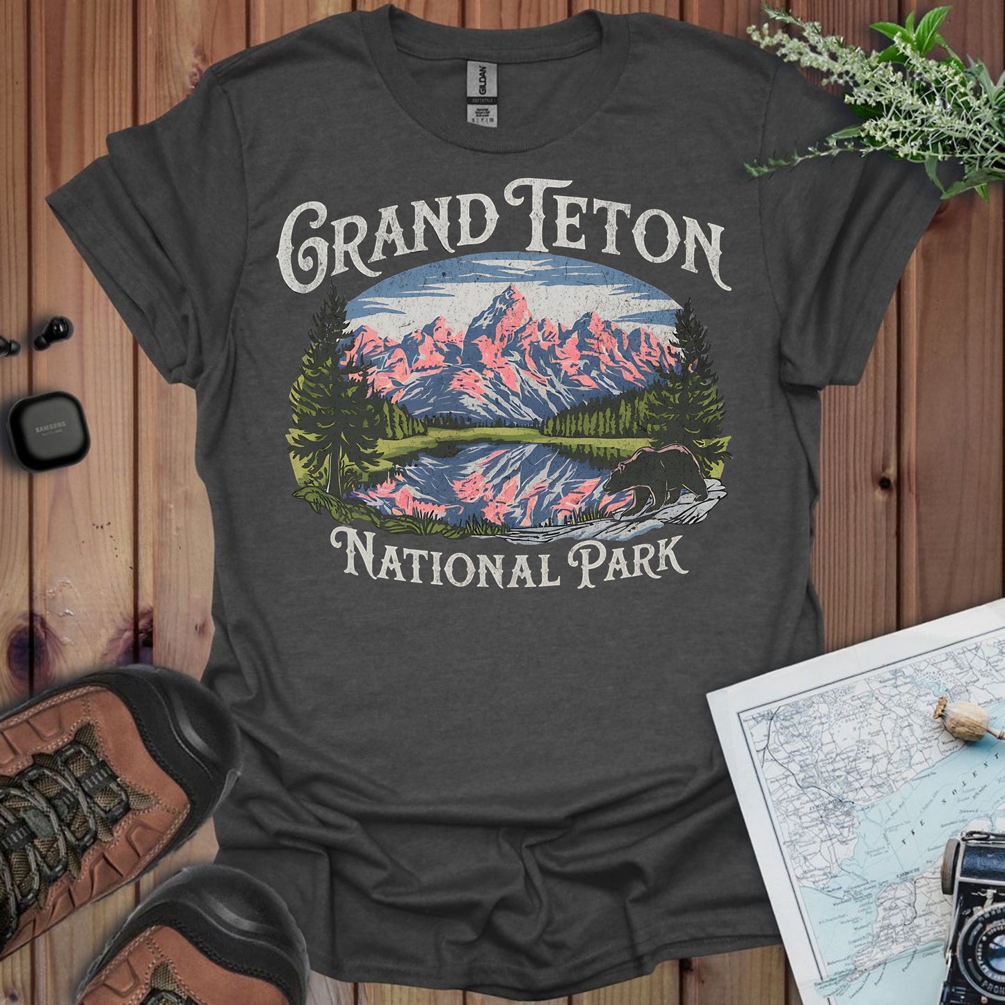 Grand Teton National Park vintage graphic t-shirt shown in lifestyle or modeled setting