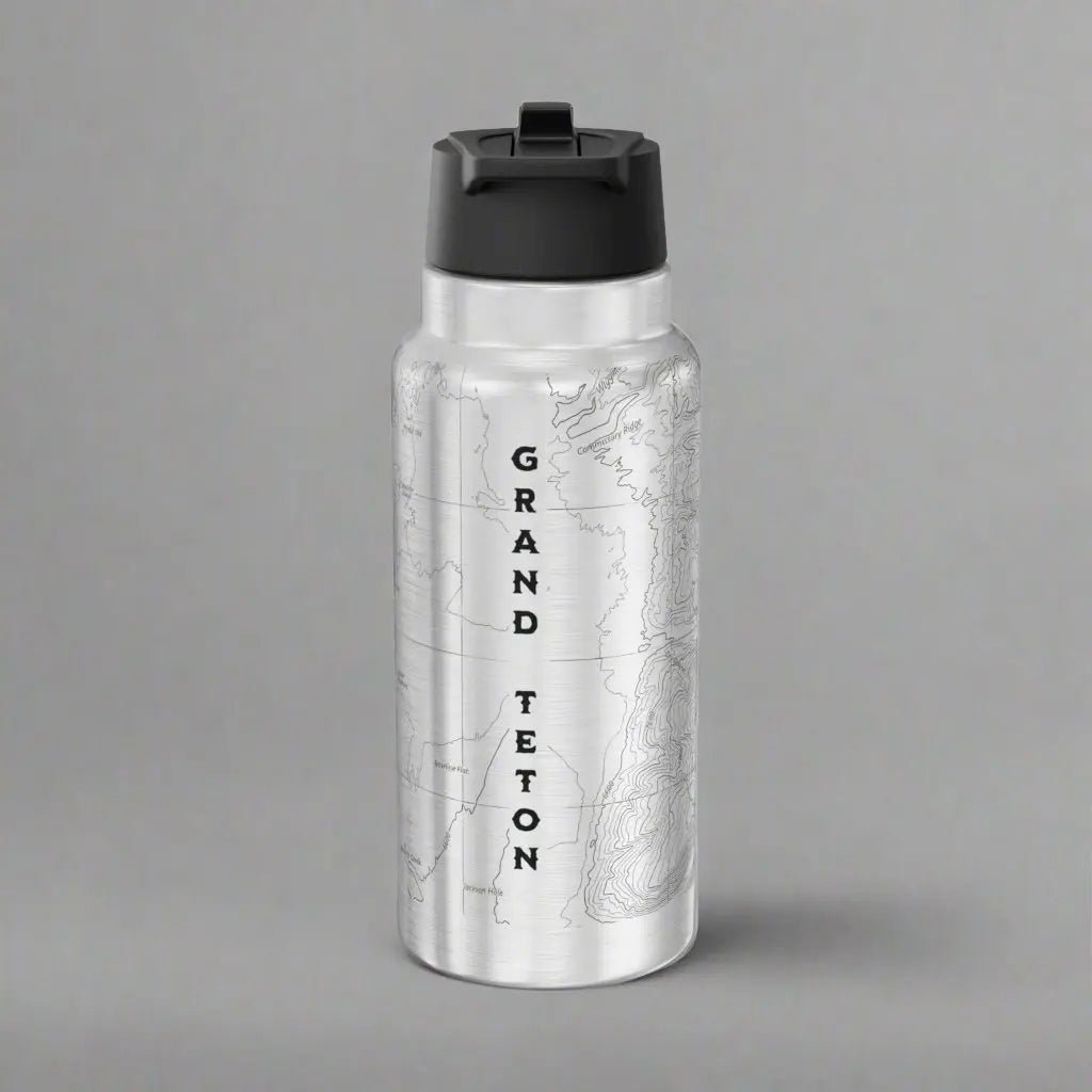 Grand Teton National Park topographic insulated water bottle tumbler shown from alternate product angle
