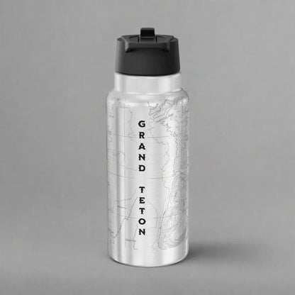 Grand Teton National Park topographic insulated water bottle tumbler shown from alternate product angle