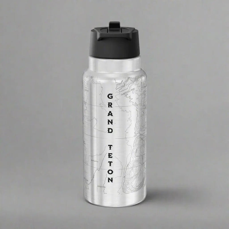 Grand Teton National Park topographic insulated water bottle tumbler shown from alternate product angle
