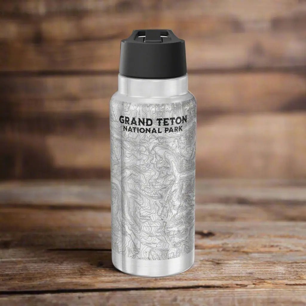 Grand Teton National Park topographic insulated water bottle tumbler shown as primary product image
