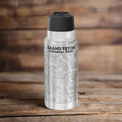 Grand Teton National Park topographic insulated water bottle tumbler shown as primary product image