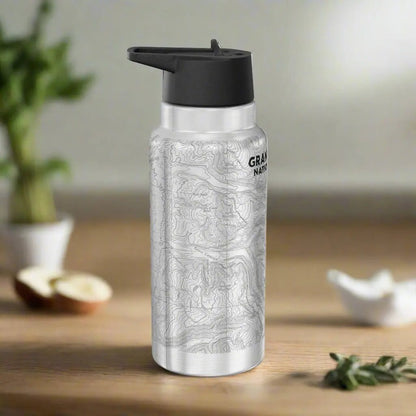 Grand Teton National Park topographic insulated water bottle tumbler shown from alternate product angle