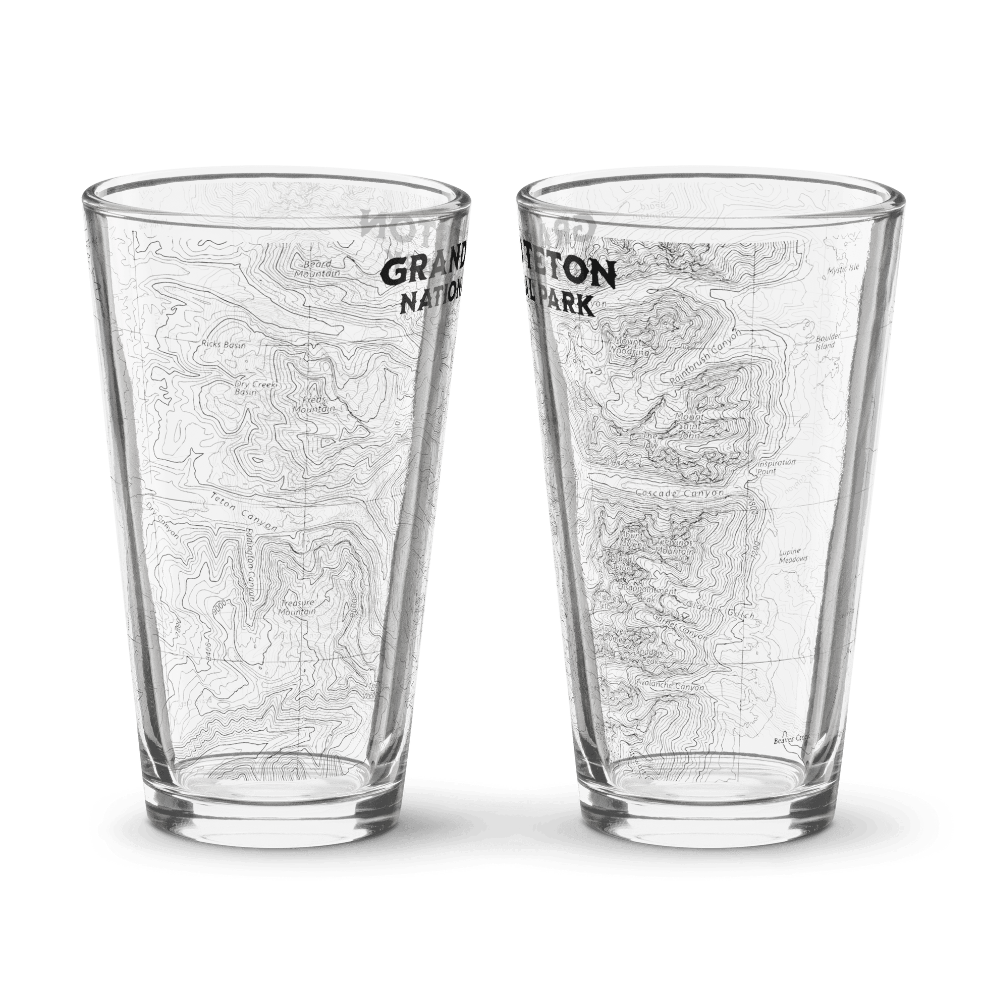 Grand Teton National Park topographic pint glass showing design detail or product variation