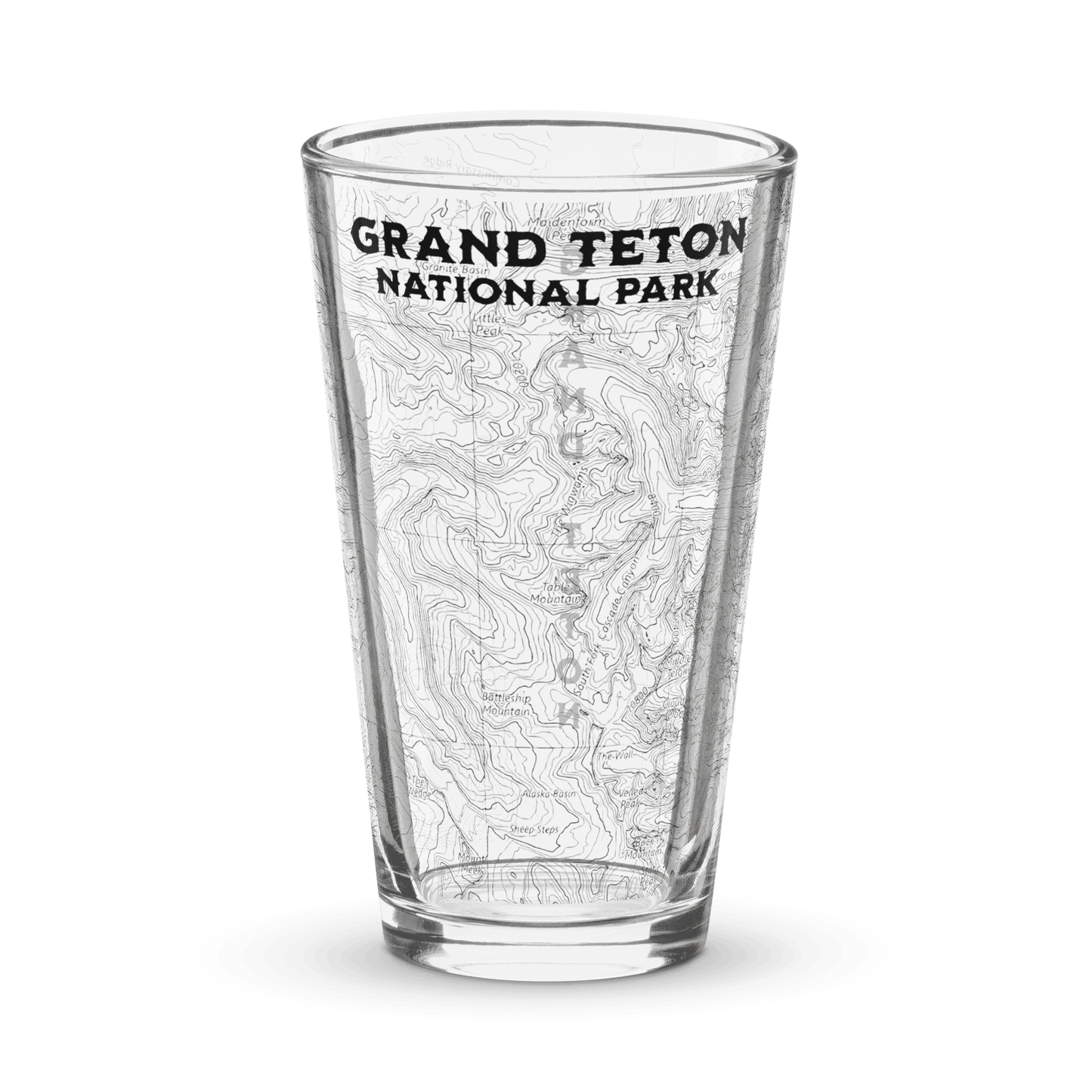Grand Teton National Park topographic pint glass shown from alternate product angle