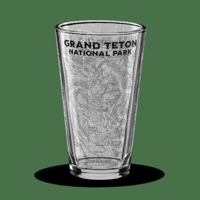 Grand Teton National Park topographic pint glass shown from alternate product angle