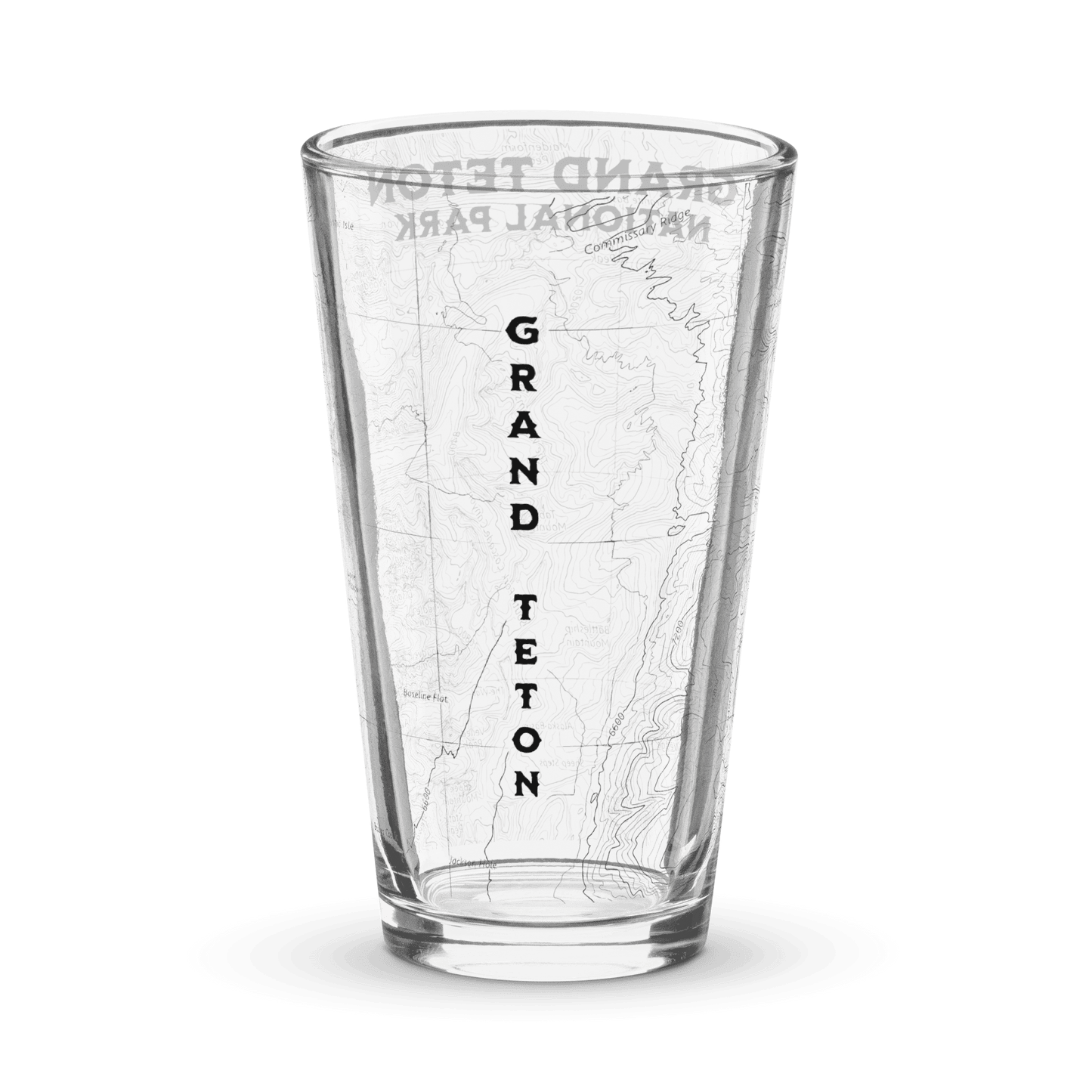 Grand Teton National Park topographic pint glass shown from alternate product angle