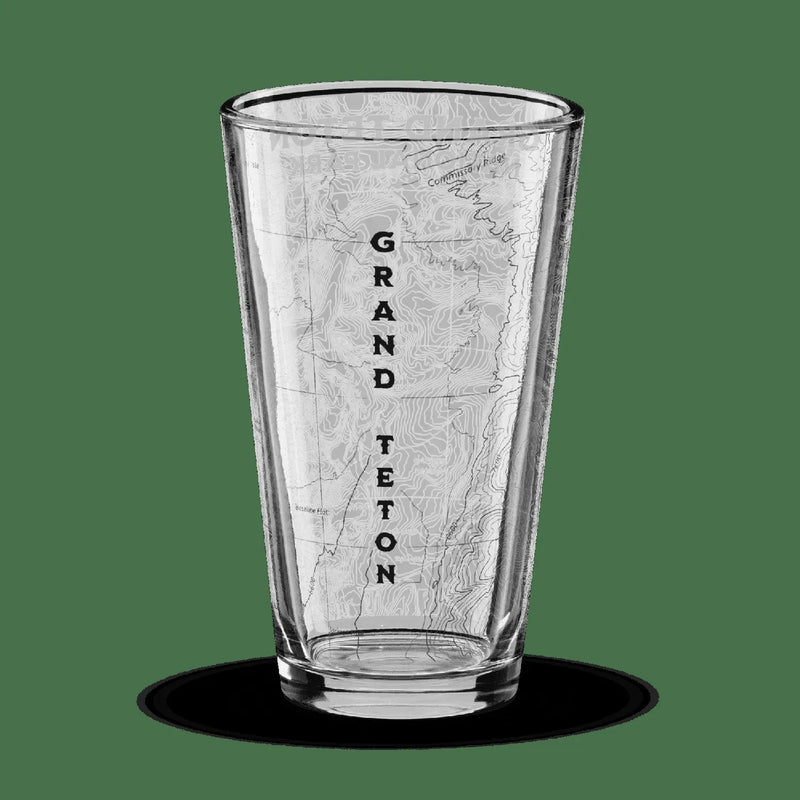 Grand Teton National Park topographic pint glass shown from alternate product angle