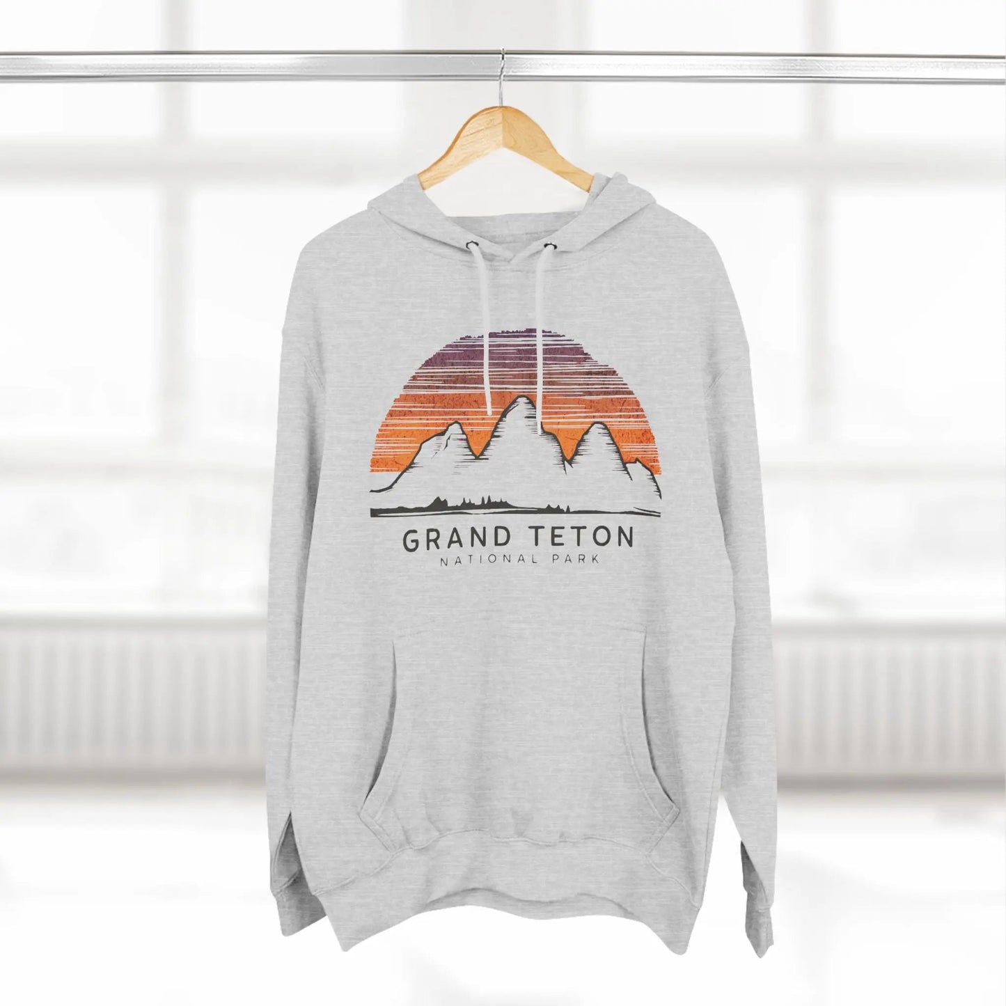 Grand Teton National Park colorful skyline fleece hoodie shown in lifestyle or modeled setting