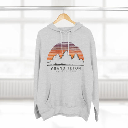 Grand Teton National Park colorful skyline fleece hoodie shown in lifestyle or modeled setting