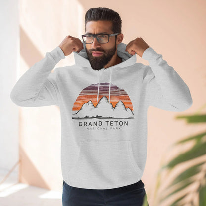 Grand Teton National Park colorful skyline fleece hoodie shown in lifestyle or modeled setting