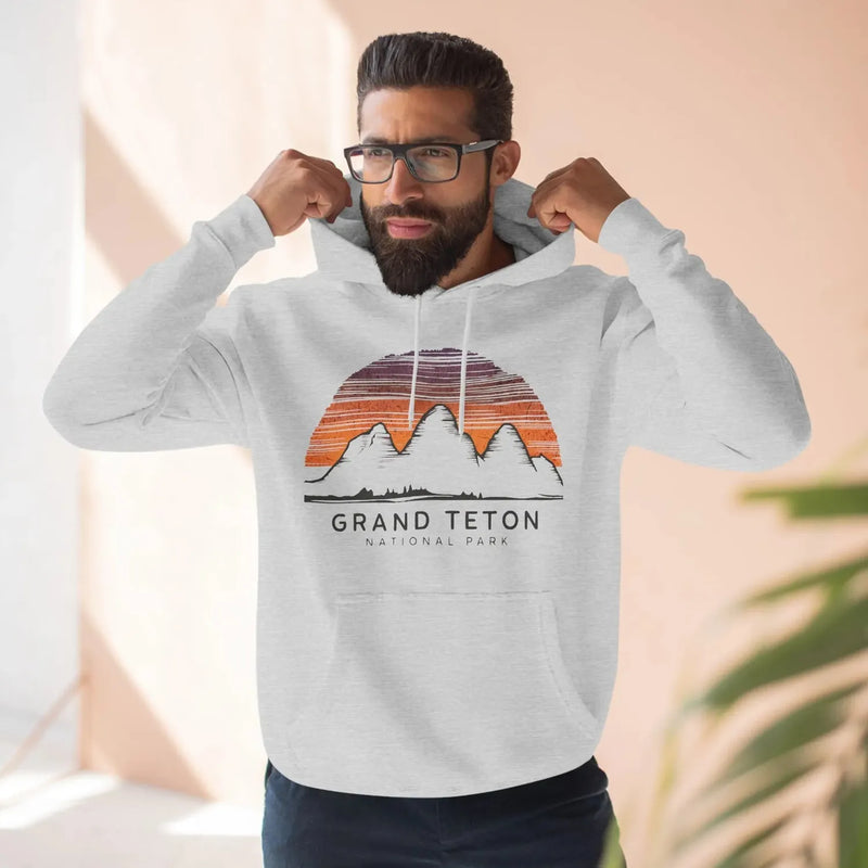 Grand Teton National Park colorful skyline fleece hoodie shown in lifestyle or modeled setting