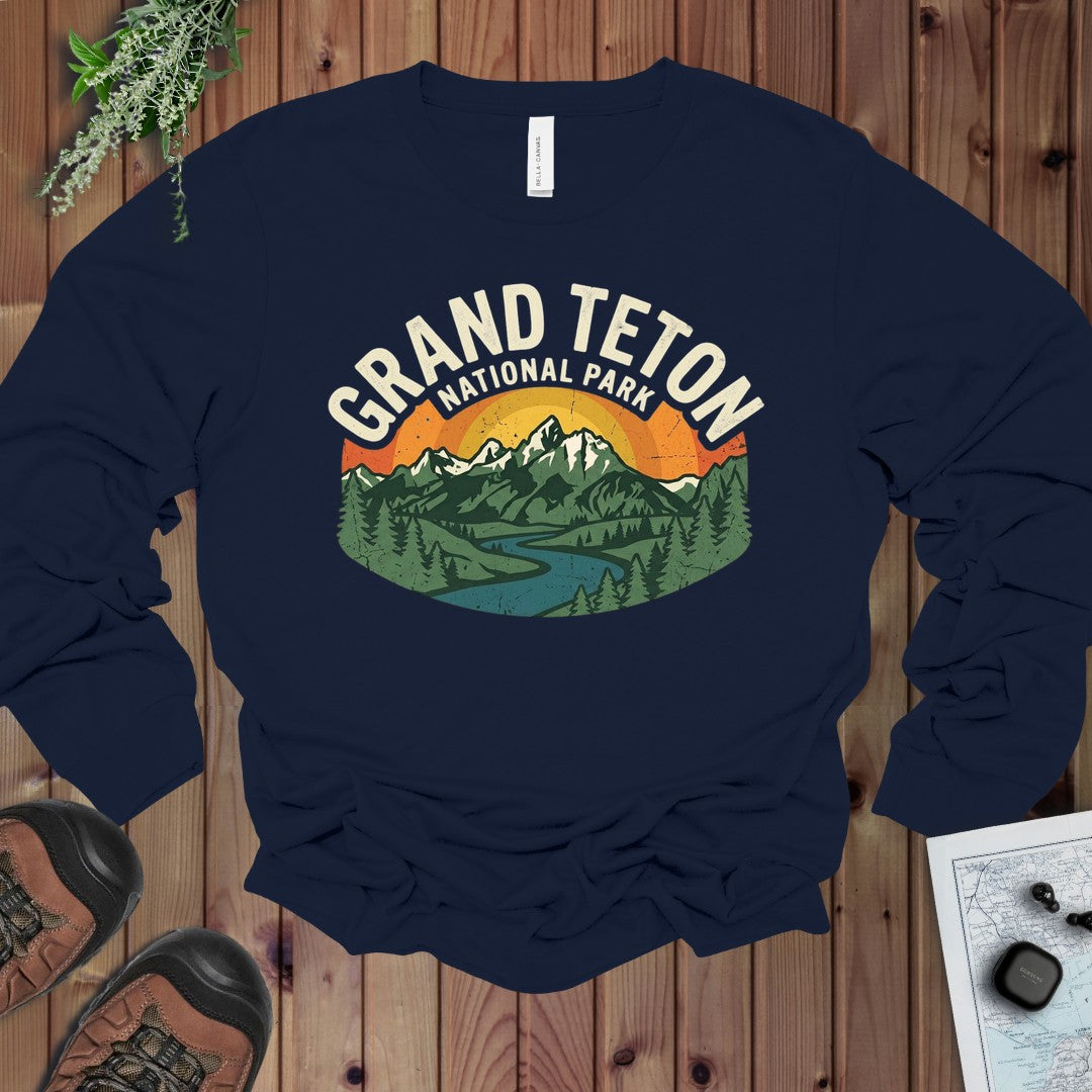 Grand Teton National Park Vintage Graphic Long Sleeve T-Shirt in Navy