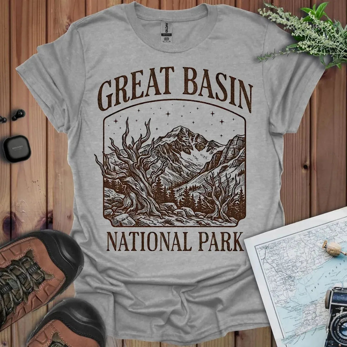 Great Basin National Park rustic graphic t-shirt shown in lifestyle or modeled setting