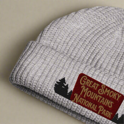 Great Smoky Mountains embroidered National Park sign beanie shown in lifestyle or modeled setting