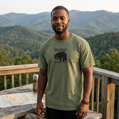 Great Smoky Mountains National Park embroidered premium t-shirt shown in lifestyle or modeled setting