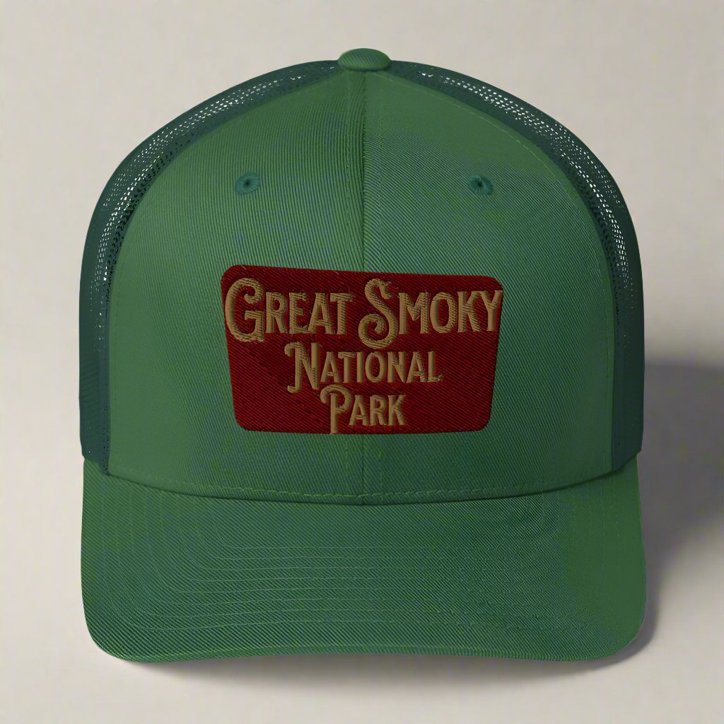 Great Smoky Mountains National Park embroidered trucker hat shown from alternate product angle