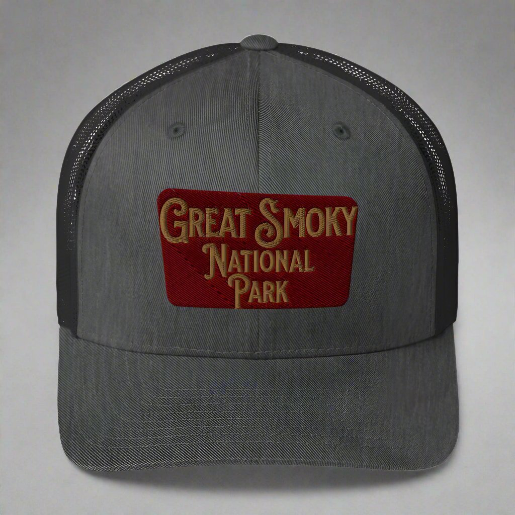 Great Smoky Mountains National Park embroidered trucker hat shown from alternate product angle