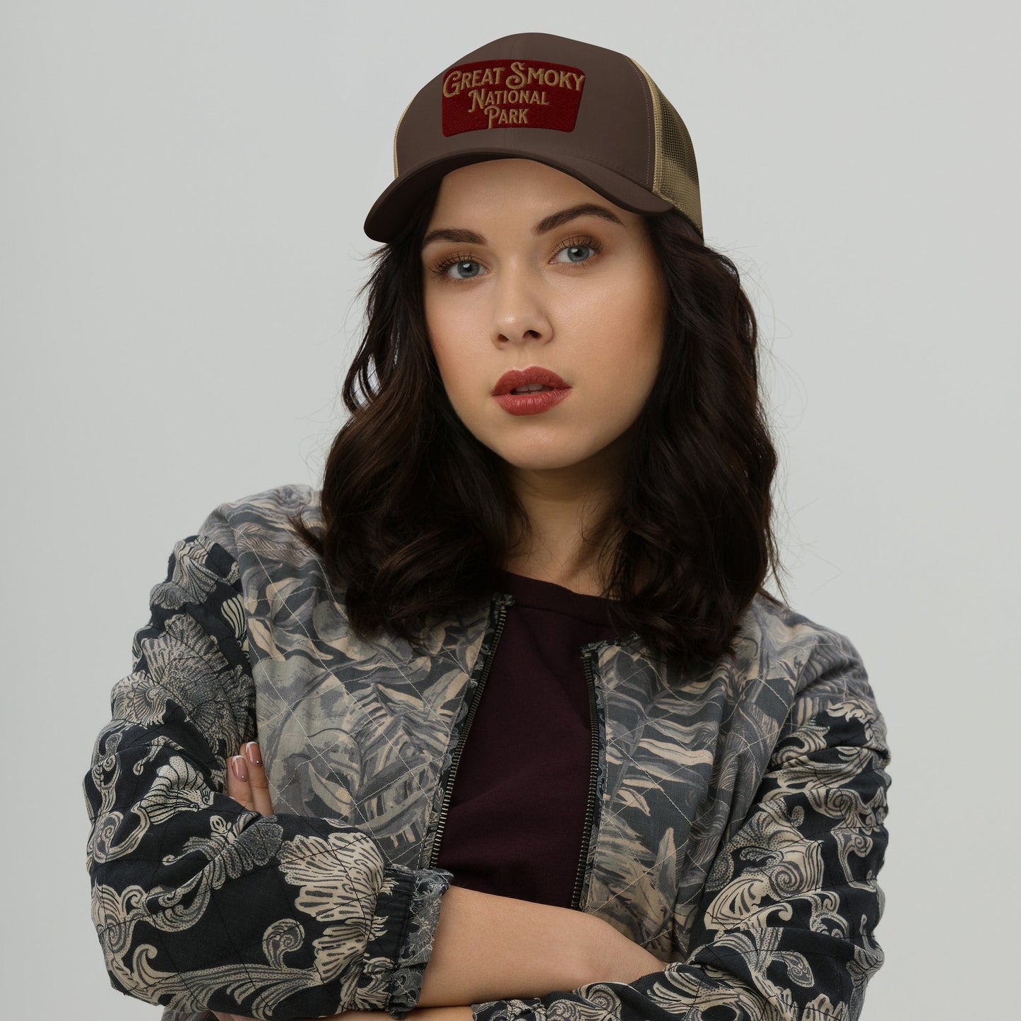 Great Smoky Mountains National Park embroidered trucker hat shown from alternate product angle