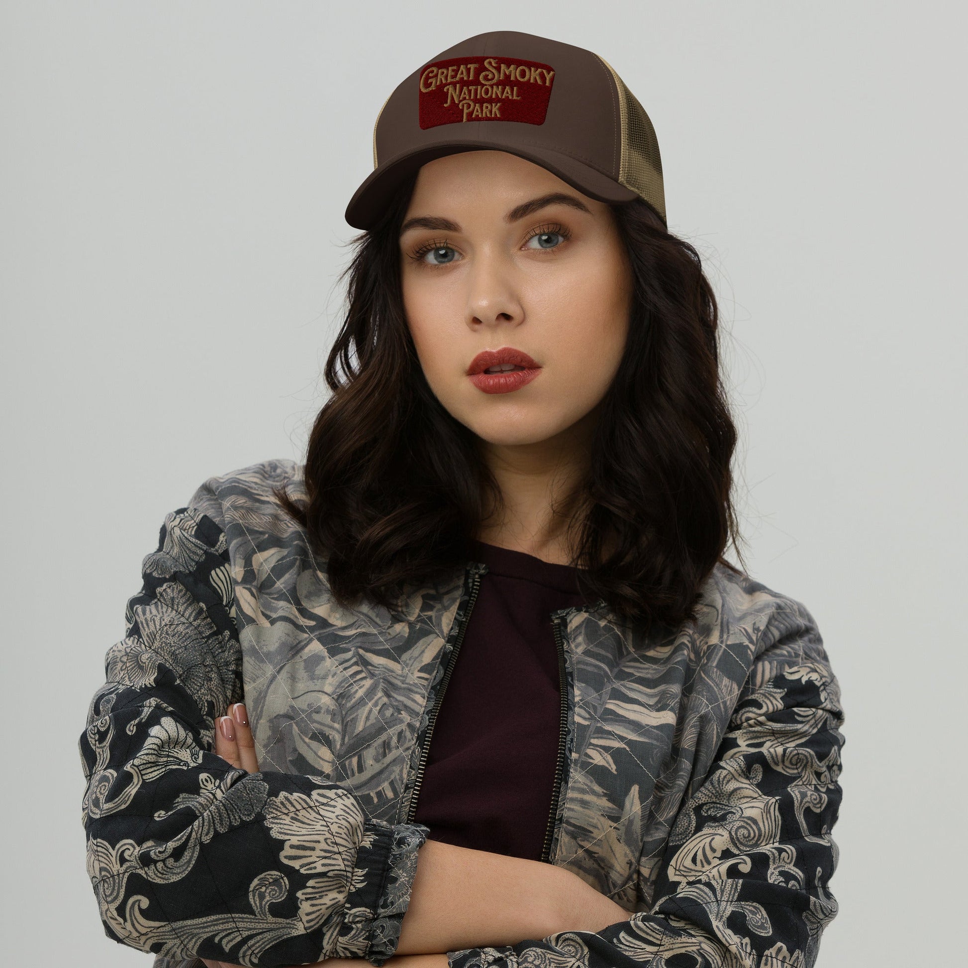 Great Smoky Mountains National Park embroidered trucker hat shown from alternate product angle