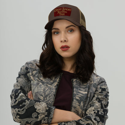 Great Smoky Mountains National Park embroidered trucker hat shown from alternate product angle