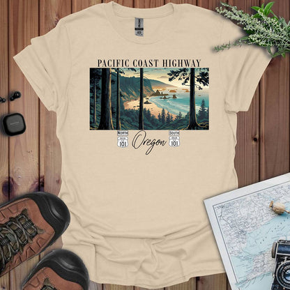 Highway 101 Oregon Coast Pacific Coast Highway graphic t-shirt shown in lifestyle or modeled setting