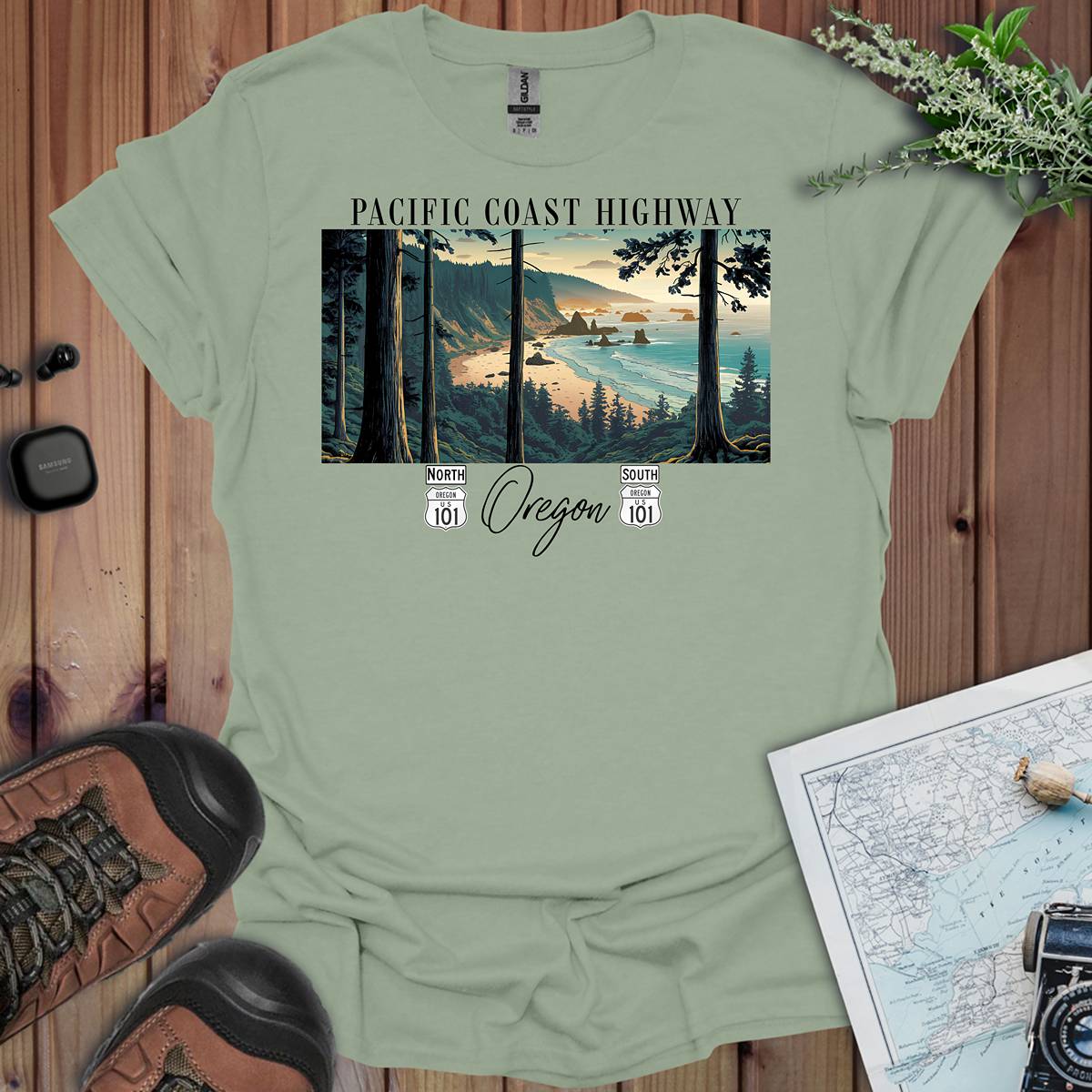 Highway 101 Oregon Coast Pacific Coast Highway graphic t-shirt shown from alternate product angle