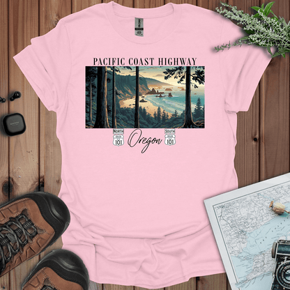 Highway 101 Oregon Coast Pacific Coast Highway graphic t-shirt shown from alternate product angle