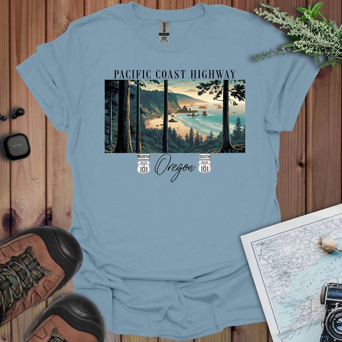 Highway 101 Oregon Coast Pacific Coast Highway graphic t-shirt shown in lifestyle or modeled setting