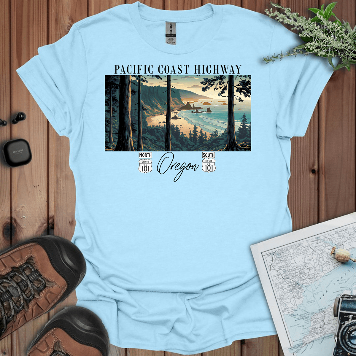 Highway 101 Oregon Coast Pacific Coast Highway graphic t-shirt detail or alternate product view