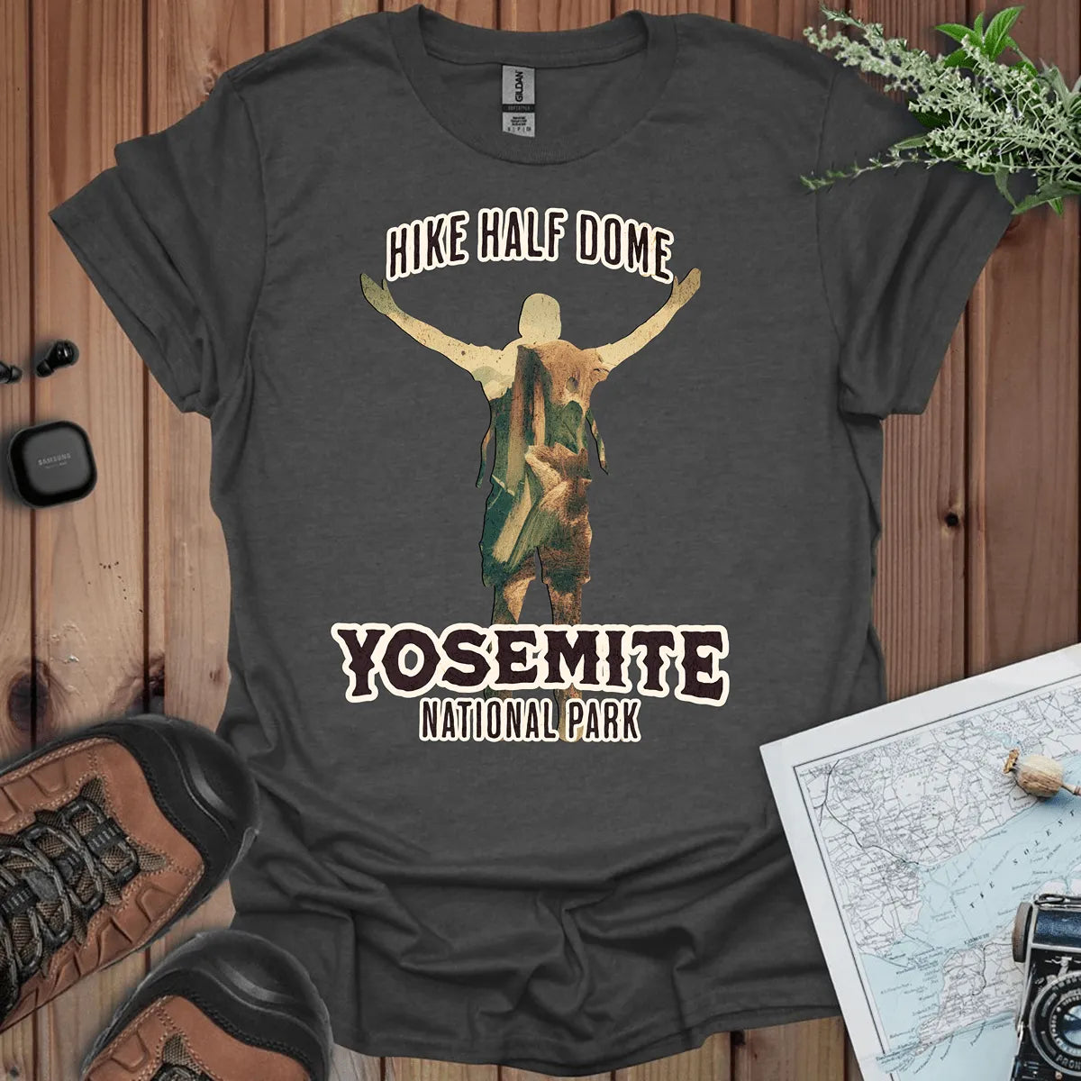 Hike Half Dome Yosemite graphic t-shirt shown in lifestyle or modeled setting