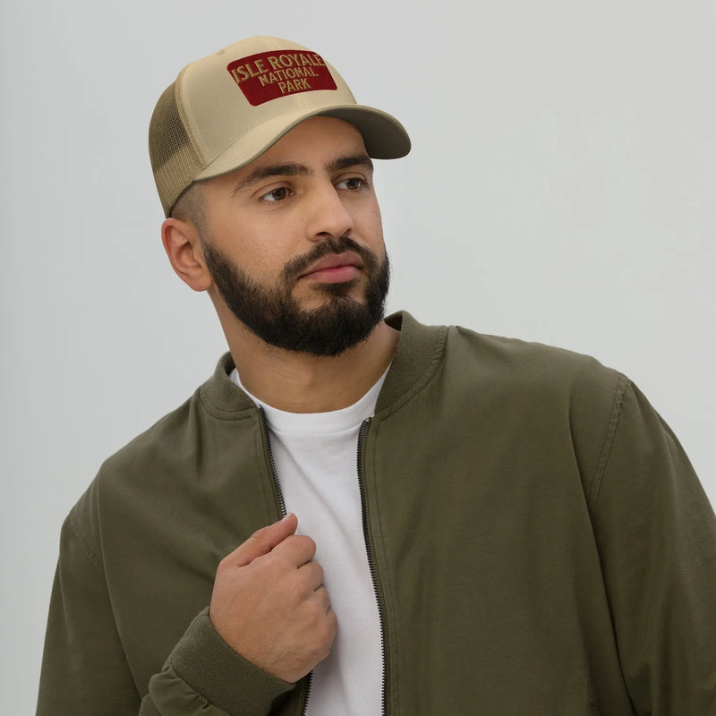 Isle Royale National Park sign embroidered trucker hat shown from alternate product angle