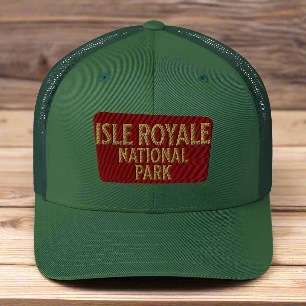 Isle Royale National Park sign embroidered trucker hat detail or alternate product view