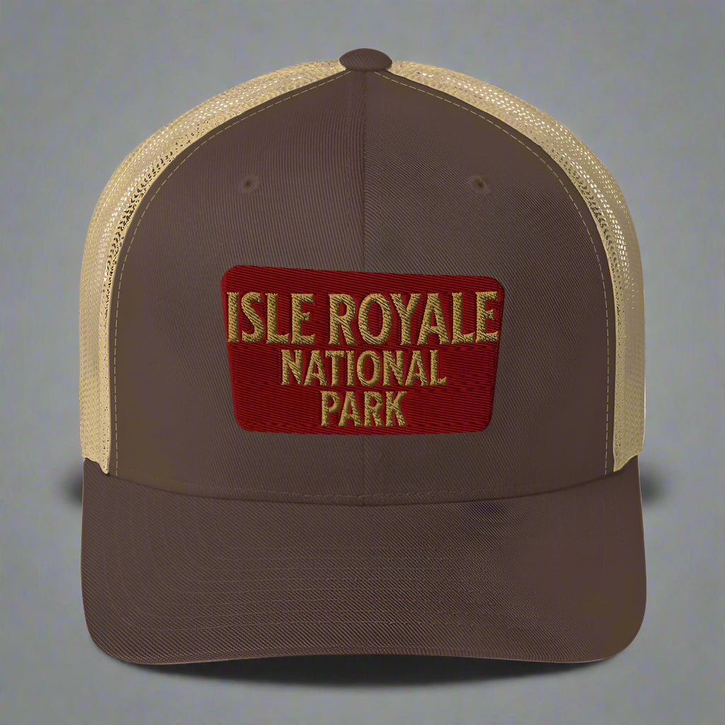 Isle Royale National Park sign embroidered trucker hat shown in lifestyle or modeled setting