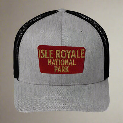 Isle Royale National Park sign embroidered trucker hat shown from alternate product angle