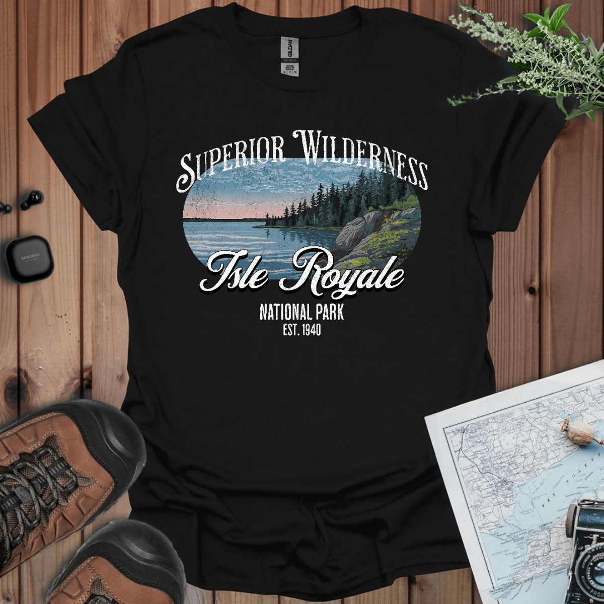 Isle Royale National Park Superior Wilderness graphic t-shirt shown in lifestyle or modeled setting