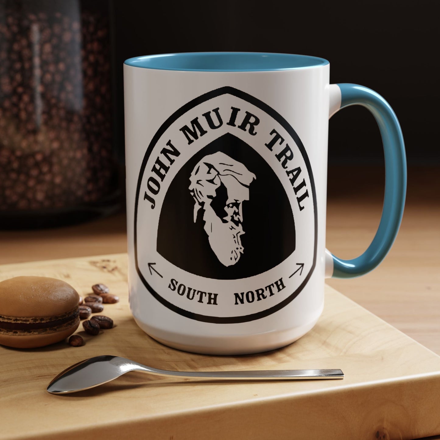 John Muir Trail JMT mile sign accent coffee mug shown from alternate product angle