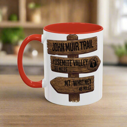 John Muir Trail JMT mile sign accent coffee mug showing design detail or product variation