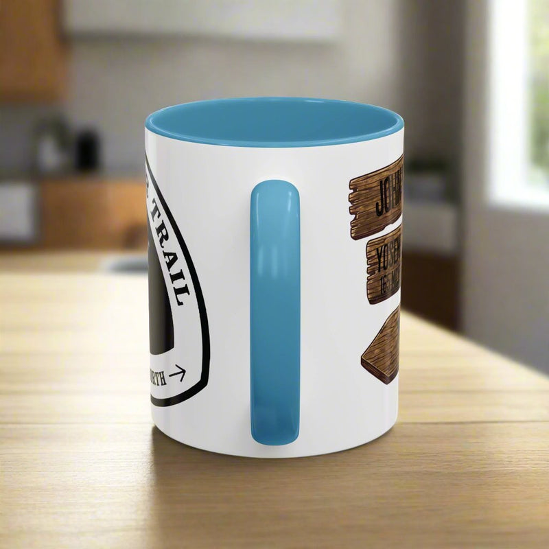 John Muir Trail JMT mile sign accent coffee mug showing design detail or product variation