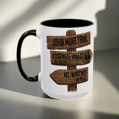 John Muir Trail JMT mile sign accent coffee mug showing design detail or product variation