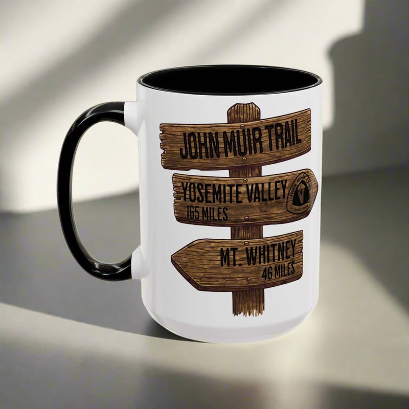 John Muir Trail JMT mile sign accent coffee mug showing design detail or product variation