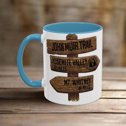 John Muir Trail JMT mile sign accent coffee mug shown as primary product image