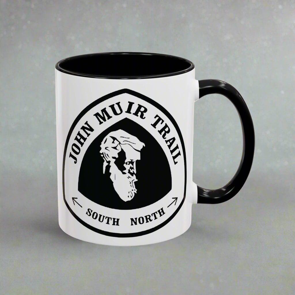 John Muir Trail JMT mile sign accent coffee mug shown from alternate product angle