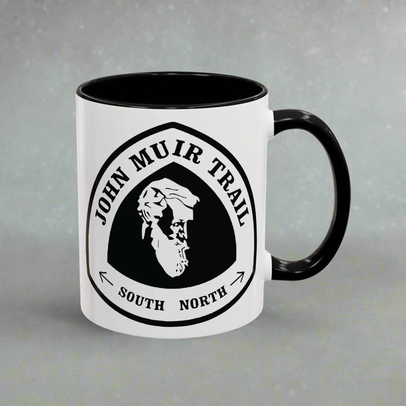 John Muir Trail JMT mile sign accent coffee mug shown from alternate product angle
