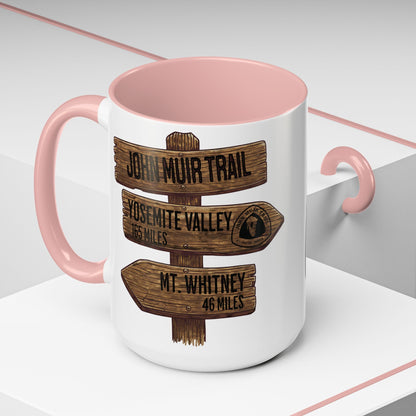 John Muir Trail JMT mile sign accent coffee mug shown from alternate product angle