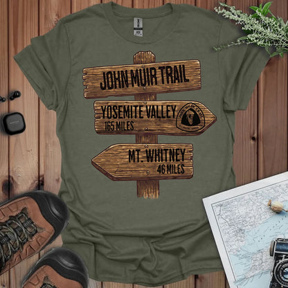 John Muir Trail 211 miles wood sign graphic t-shirt detail or alternate product view