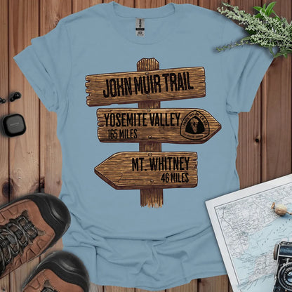 John Muir Trail 211 miles wood sign graphic t-shirt shown from alternate product angle