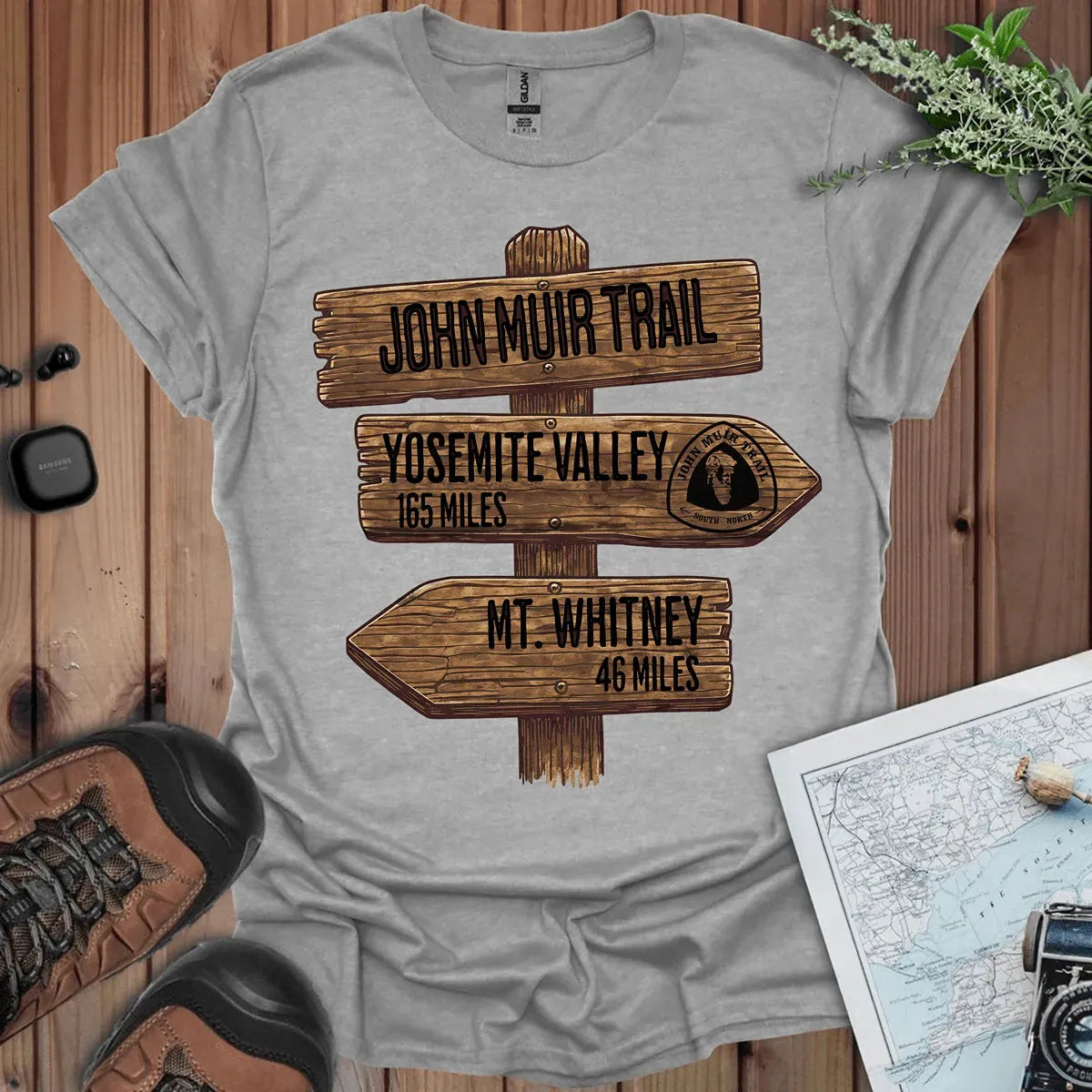 John Muir Trail 211 miles wood sign graphic t-shirt shown from alternate product angle